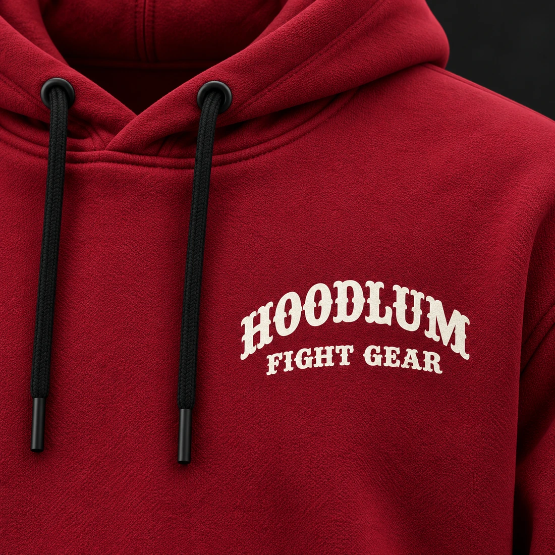 Beyond the Ring Hoodie — Crimson / Onyx — Branding detail (AI demo concept)