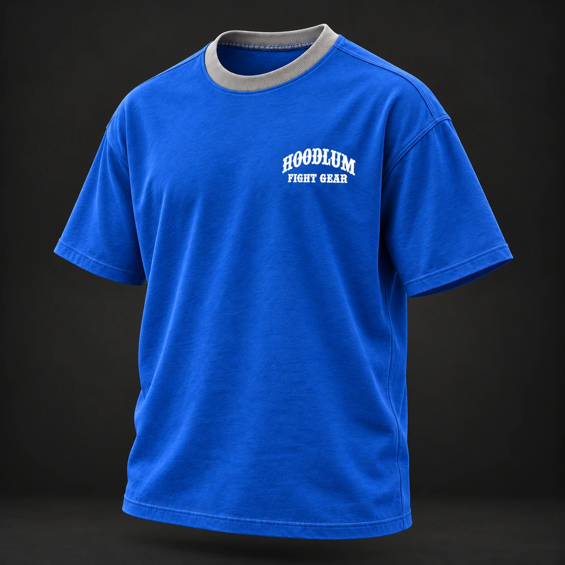 Beyond the Ring Tee — Cobalt / Steel — Three-quarter view (AI demo concept)