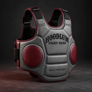 Body Protector — Ash / Burgundy — Three-quarter view (AI demo concept)