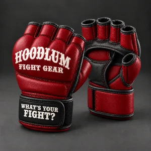 Cage Sparring Gloves — Crimson / Onyx — Three-quarter view (AI demo concept)