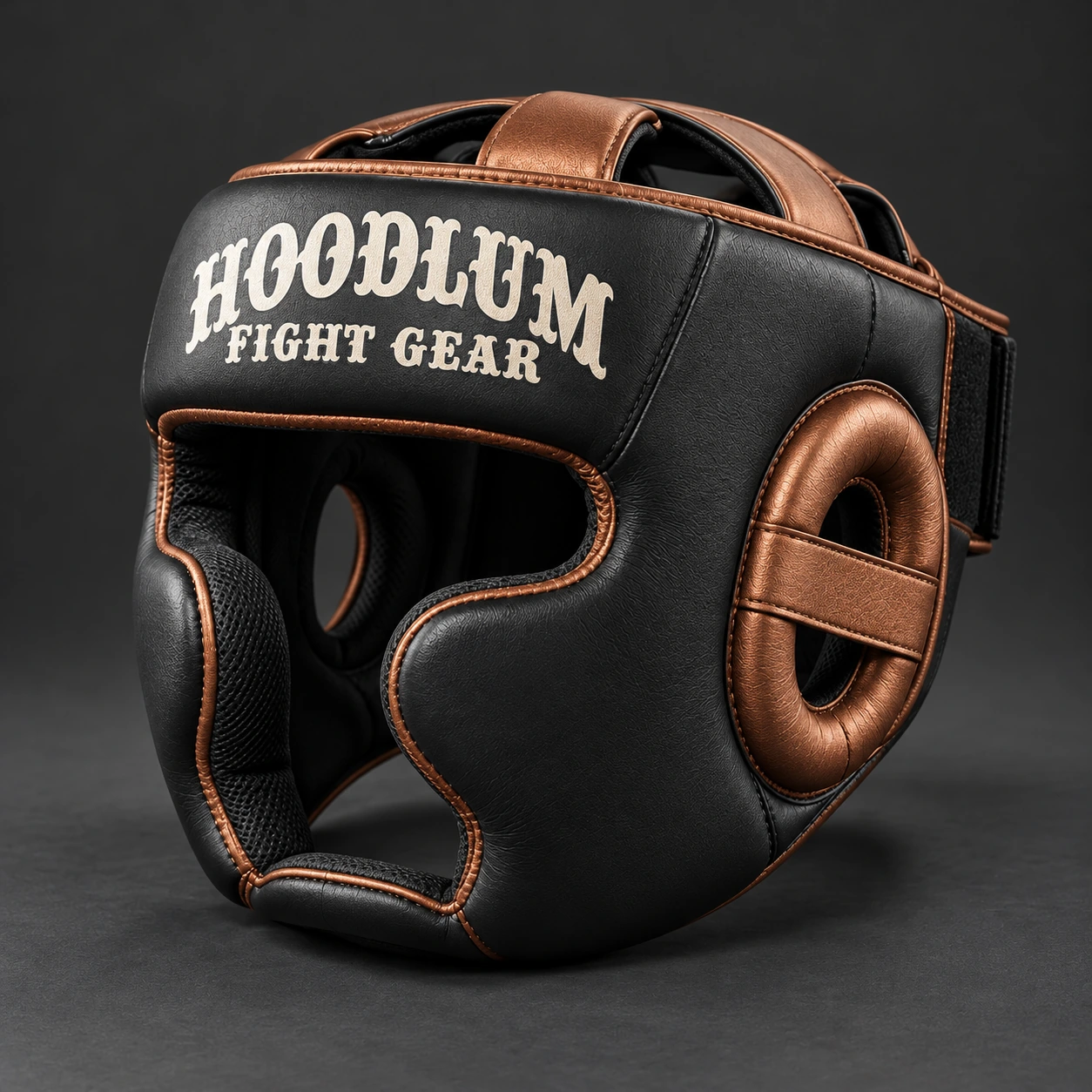 Cage Training Headgear — Black / Copper — Three-quarter view (AI demo concept)