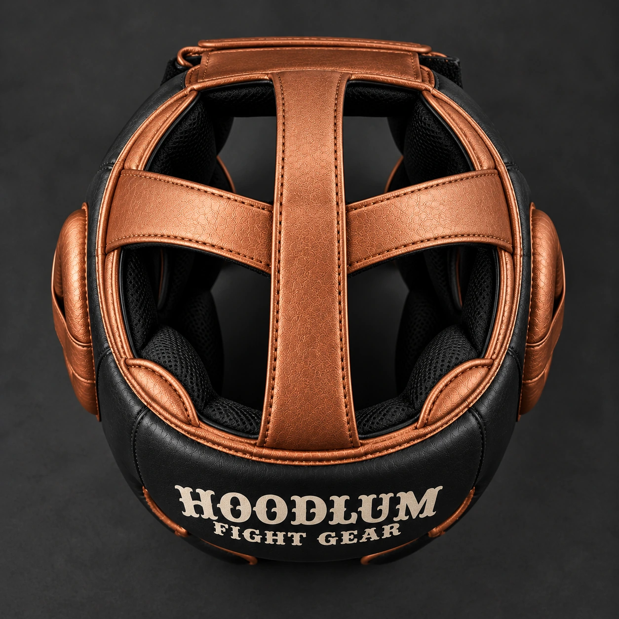 Cage Training Headgear — Black / Copper — Top view (AI demo concept)