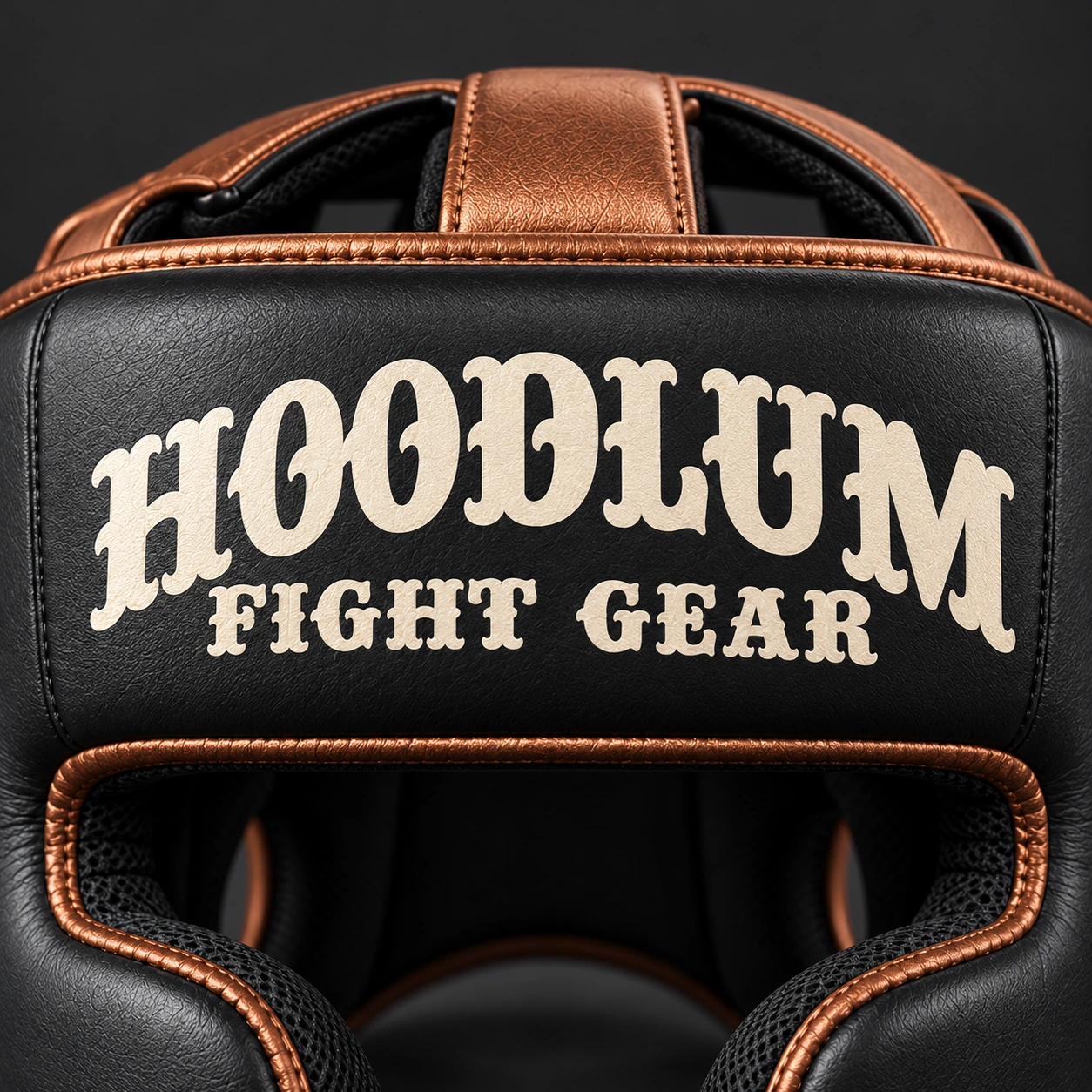 Cage Training Headgear — Black / Copper — Branding detail (AI demo concept)