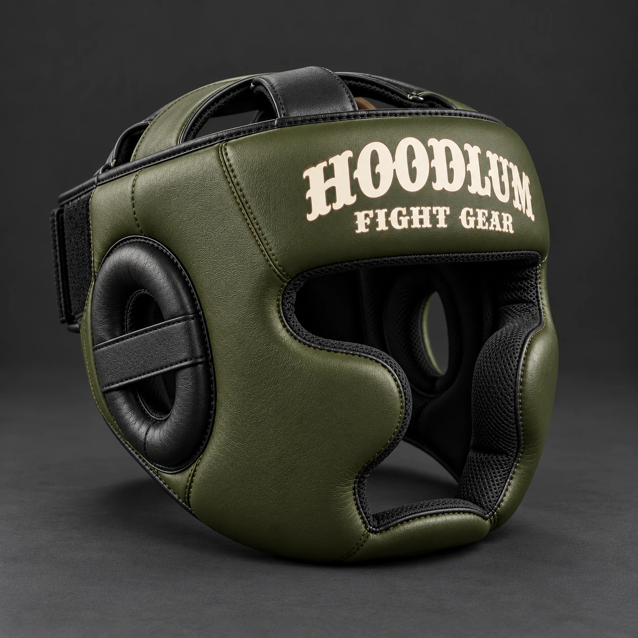 Cage Training Headgear — Olive / Carbon — Opposite-side view (AI demo concept)
