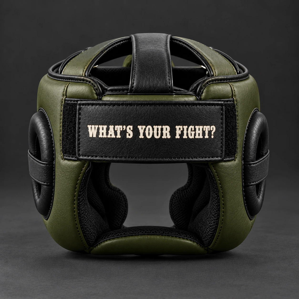 Cage Training Headgear — Olive / Carbon — Rear view (AI demo concept)