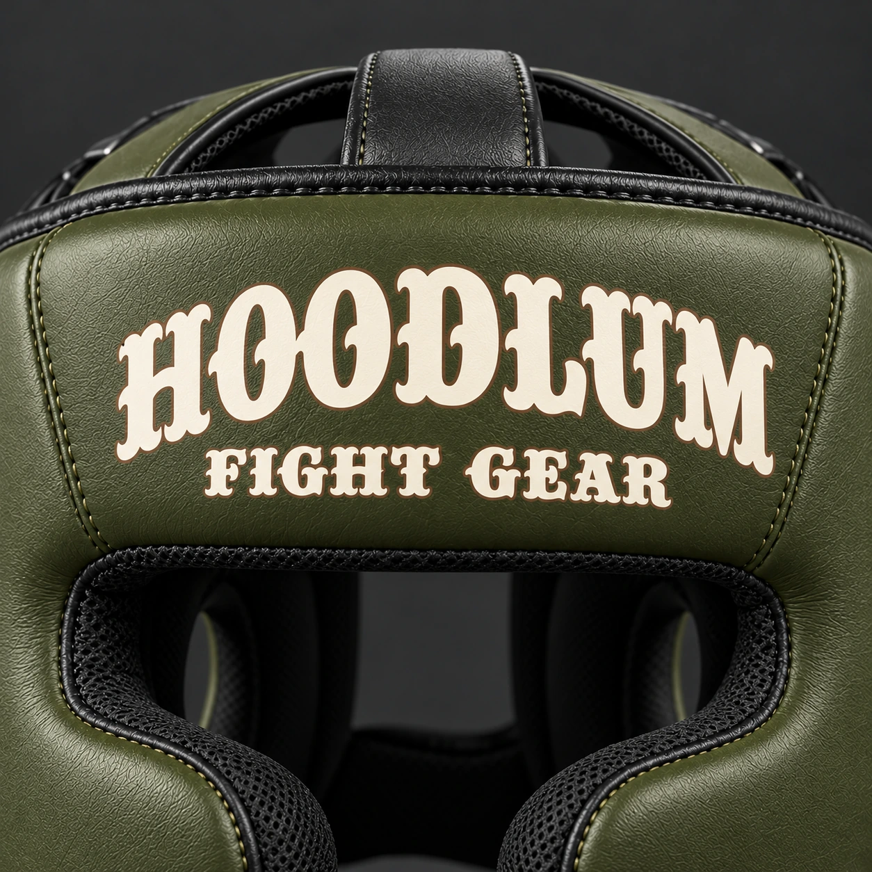 Cage Training Headgear — Olive / Carbon — Branding detail (AI demo concept)