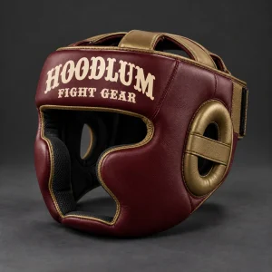 Cage Training Headgear — Oxblood / Brass — Three-quarter view (AI demo concept)