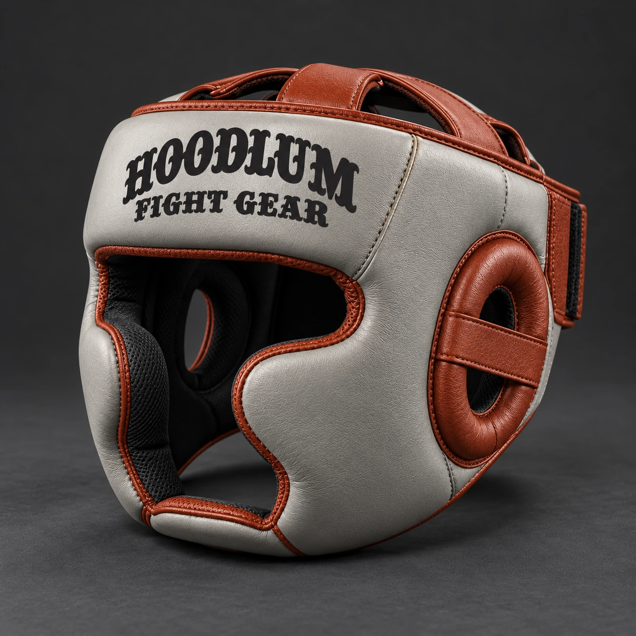 Cage Training Headgear — Stone / Rust — Three-quarter view (AI demo concept)