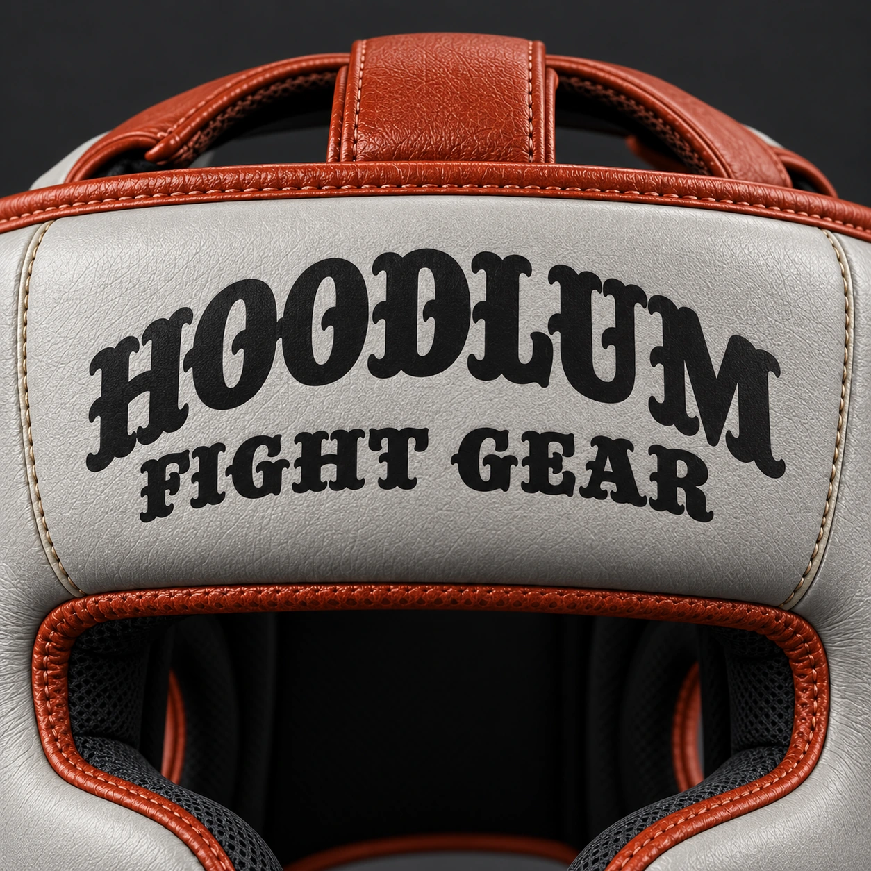 Cage Training Headgear — Stone / Rust — Branding detail (AI demo concept)