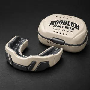 Compact Mouthguard — Bone / Graphite — Three-quarter view (AI demo concept)