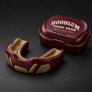 Compact Mouthguard — Oxblood / Brass — Three-quarter view (AI demo concept)