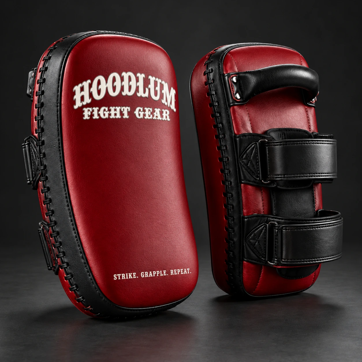 Compact Thai Pads — Crimson / Onyx — Three-quarter view (AI demo concept)