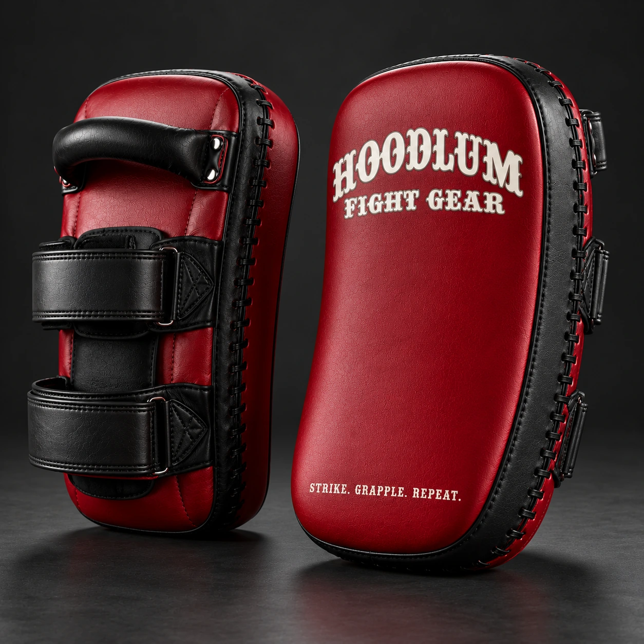 Compact Thai Pads — Crimson / Onyx — Opposite-side view (AI demo concept)