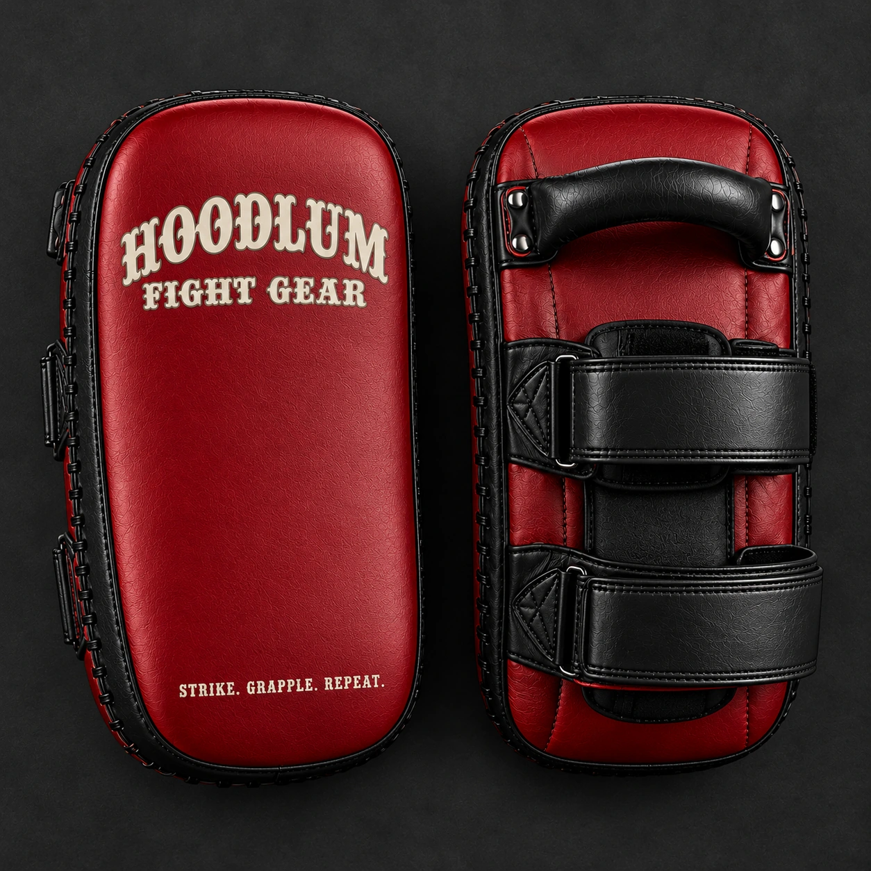 Compact Thai Pads — Crimson / Onyx — Top view (AI demo concept)