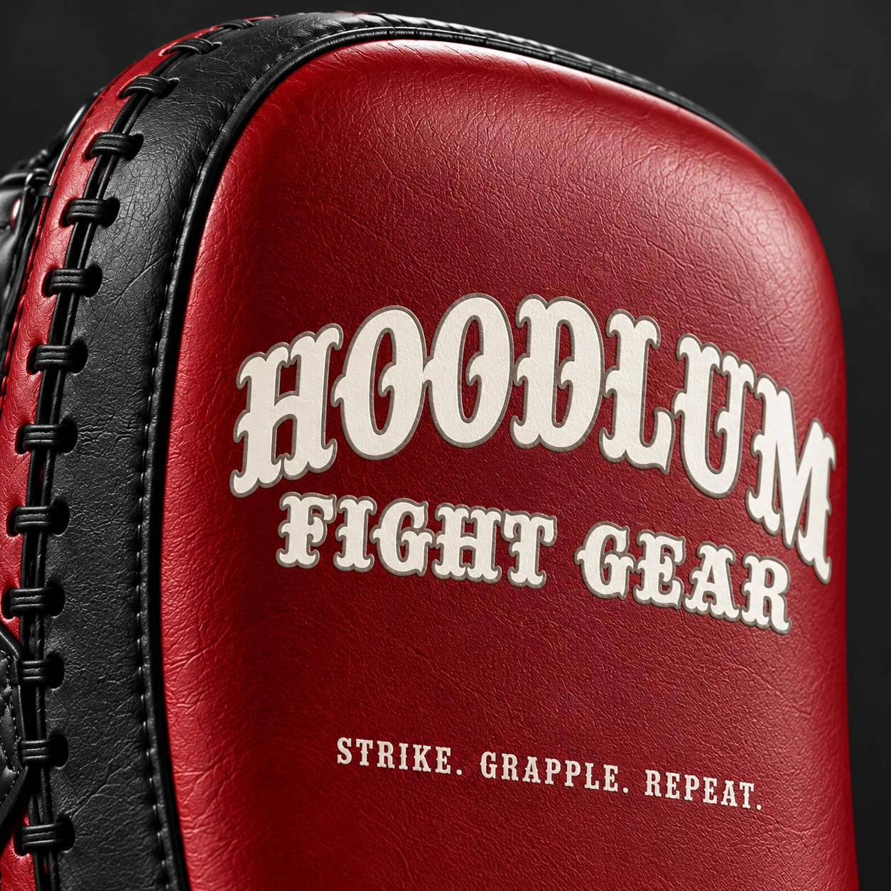 Compact Thai Pads — Crimson / Onyx — Branding detail (AI demo concept)