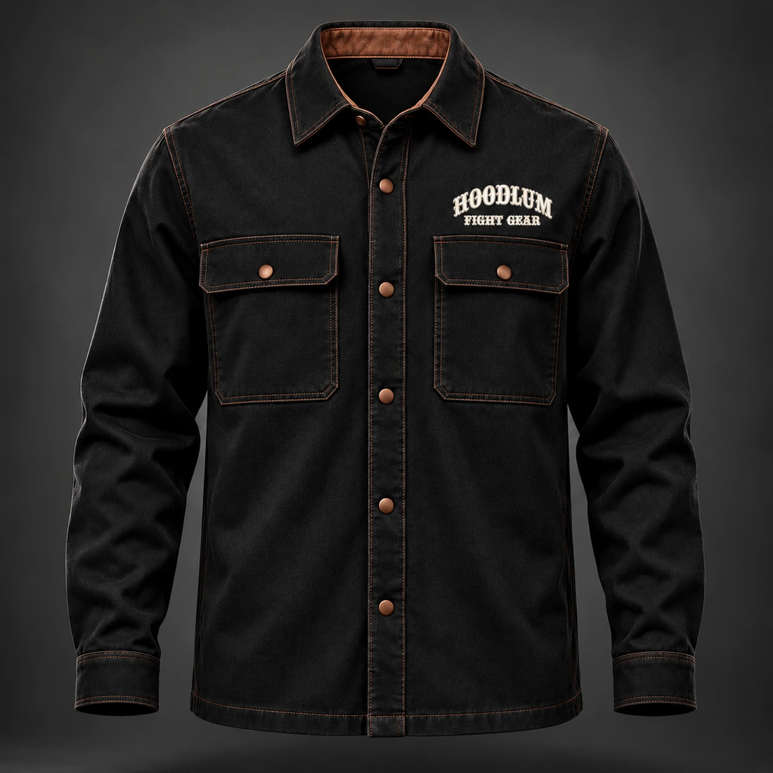 Corner Crew Overshirt — Black / Copper — Front view (AI demo concept)