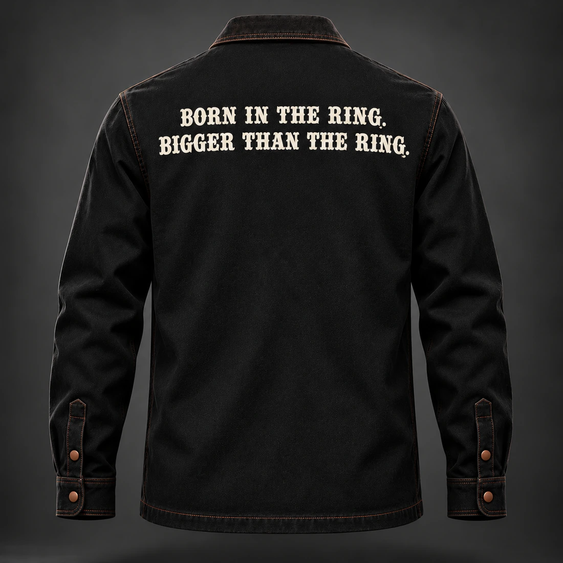 Corner Crew Overshirt — Black / Copper — Back view (AI demo concept)