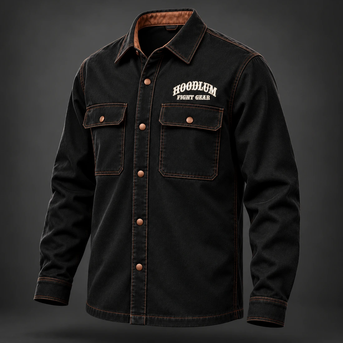 Corner Crew Overshirt — Black / Copper — Three-quarter view (AI demo concept)