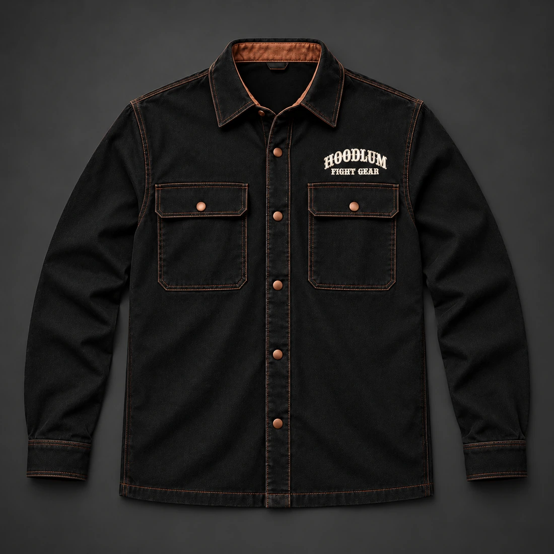 Corner Crew Overshirt — Black / Copper — Flat-lay view (AI demo concept)