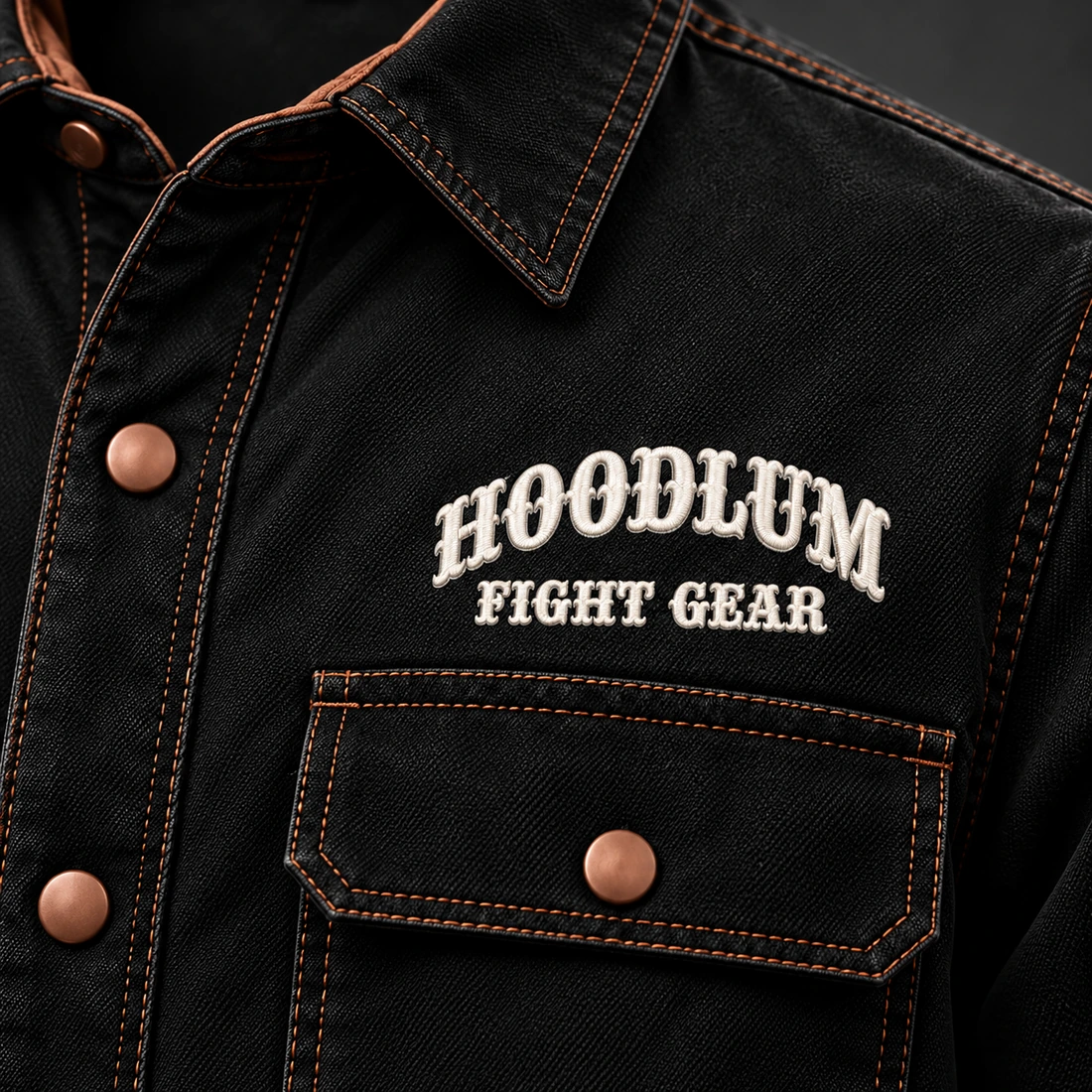 Corner Crew Overshirt — Black / Copper — Branding detail (AI demo concept)
