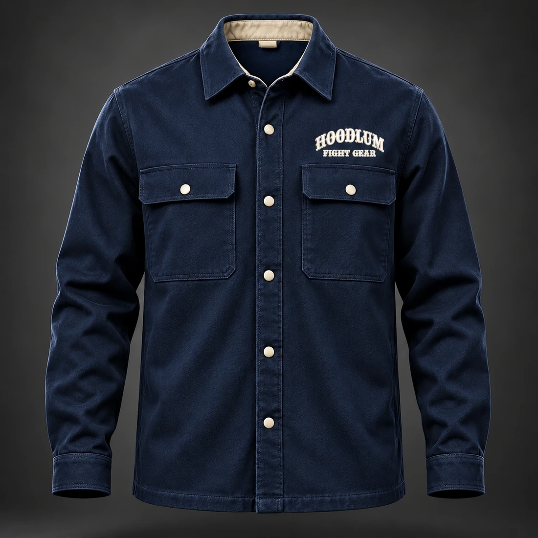 Corner Crew Overshirt — Marine / Bone — Front view (AI demo concept)
