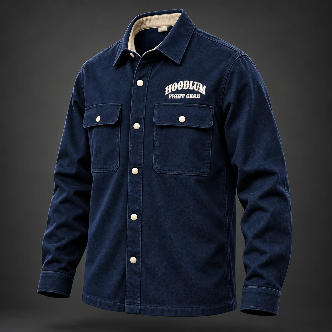 Corner Crew Overshirt — Marine / Bone — Three-quarter view (AI demo concept)