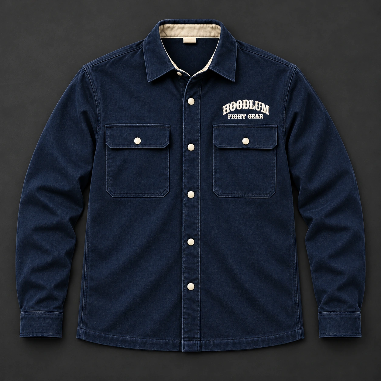 Corner Crew Overshirt — Marine / Bone — Flat-lay view (AI demo concept)