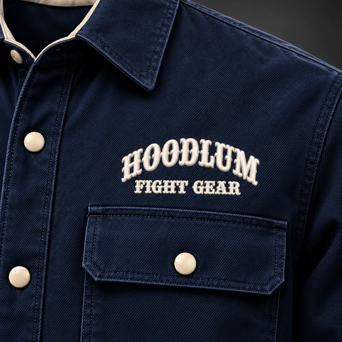 Corner Crew Overshirt — Marine / Bone — Branding detail (AI demo concept)