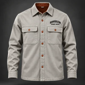 Corner Crew Overshirt — Stone / Rust — Front view (AI demo concept)