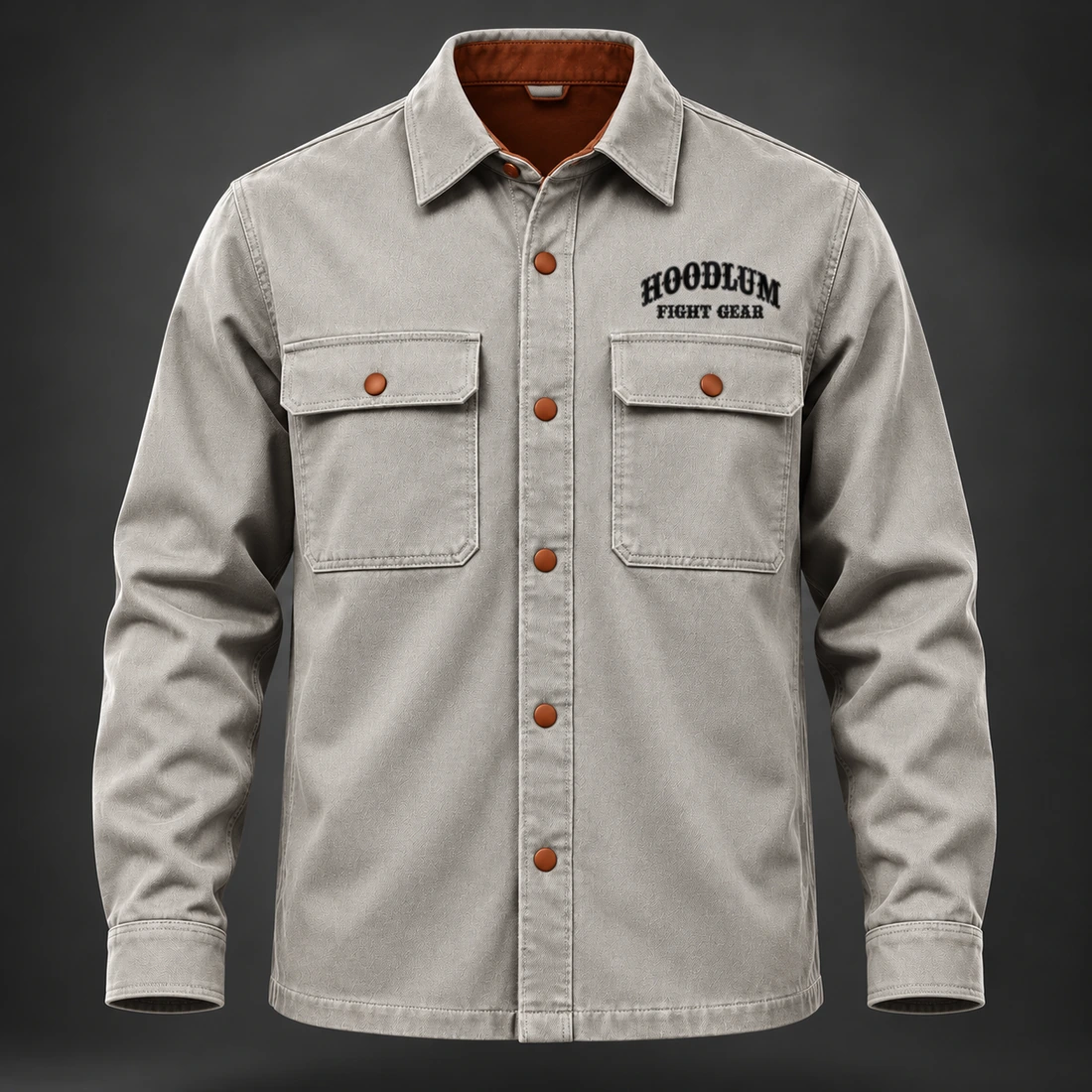 Corner Crew Overshirt — Stone / Rust — Front view (AI demo concept)
