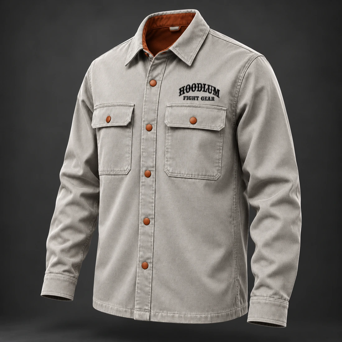 Corner Crew Overshirt — Stone / Rust — Three-quarter view (AI demo concept)