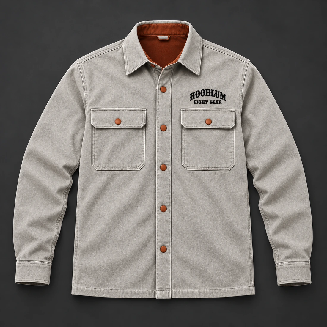 Corner Crew Overshirt — Stone / Rust — Flat-lay view (AI demo concept)