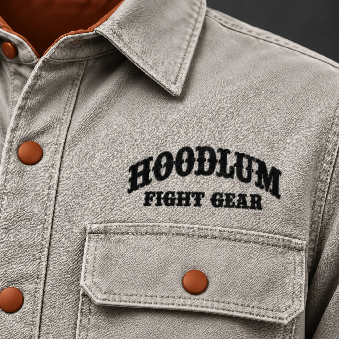 Corner Crew Overshirt — Stone / Rust — Branding detail (AI demo concept)