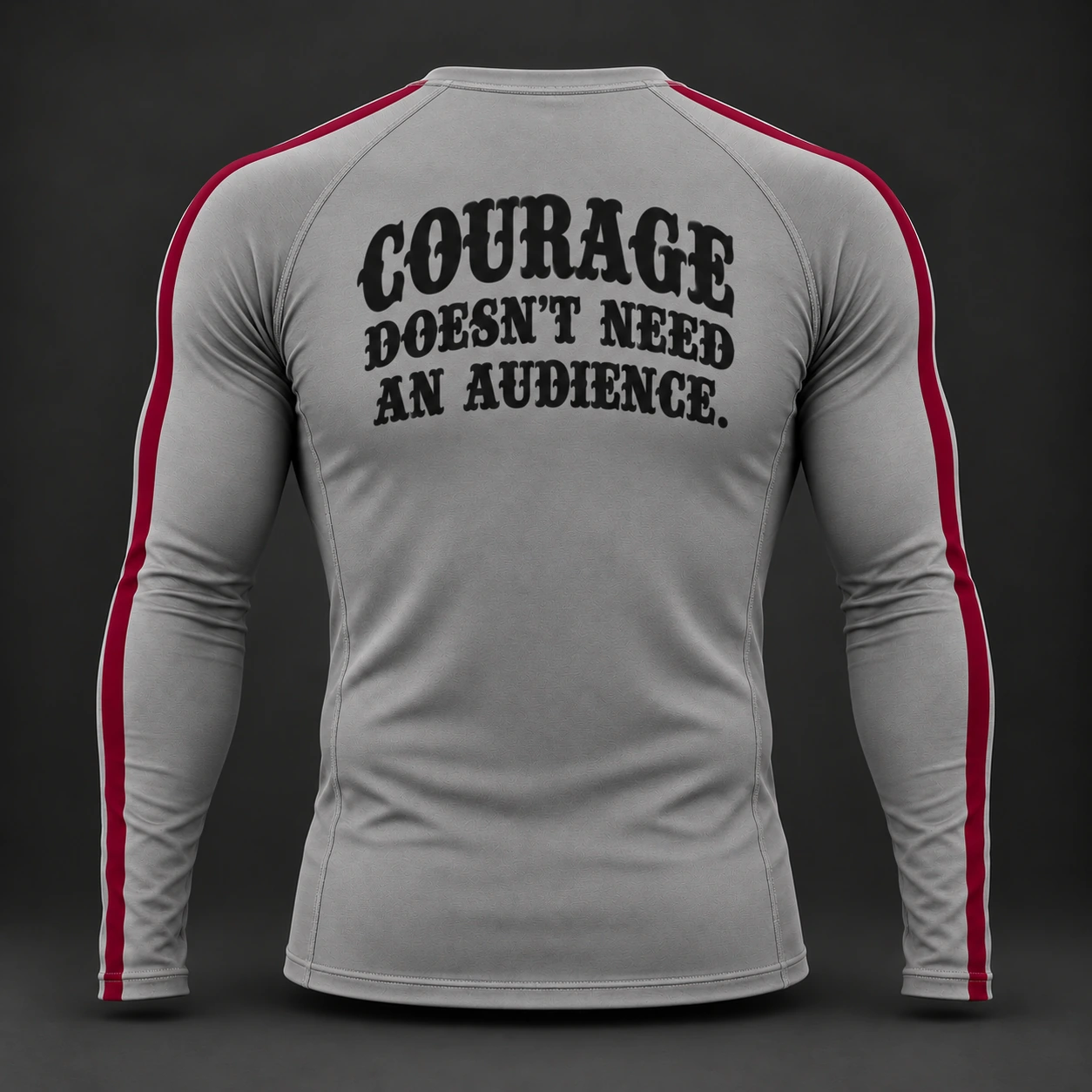 Courage Long Sleeve Rash Guard — Ash / Burgundy — Back view (AI demo concept)