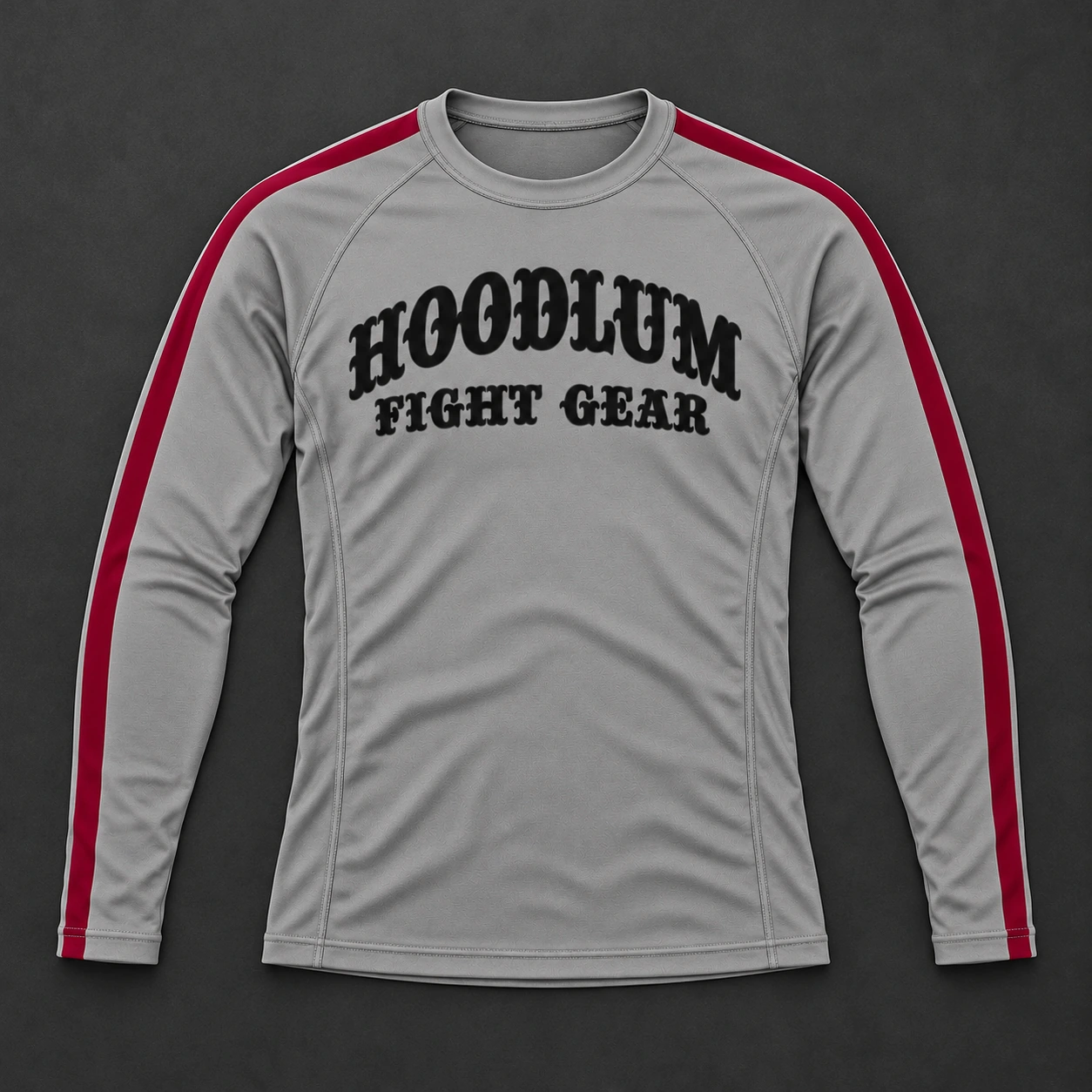 Courage Long Sleeve Rash Guard — Ash / Burgundy — Flat-lay view (AI demo concept)