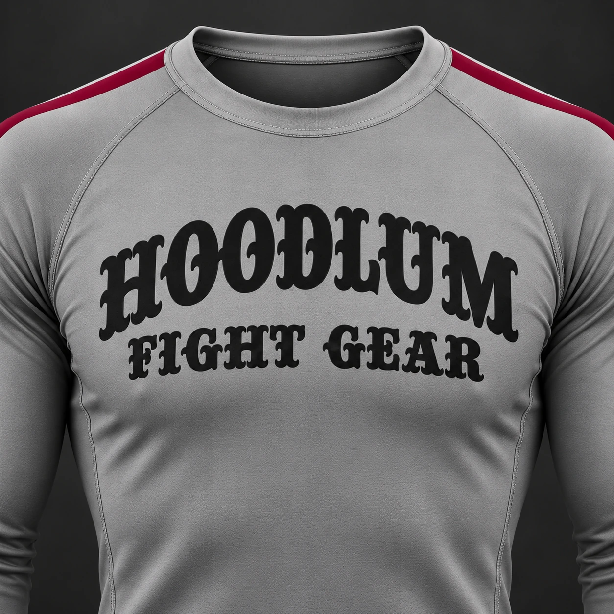 Courage Long Sleeve Rash Guard — Ash / Burgundy — Branding detail (AI demo concept)