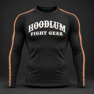 Courage Long Sleeve Rash Guard — Black / Copper — Front view (AI demo concept)