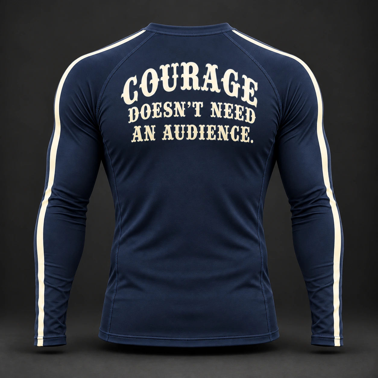 Courage Long Sleeve Rash Guard — Marine / Bone — Back view (AI demo concept)