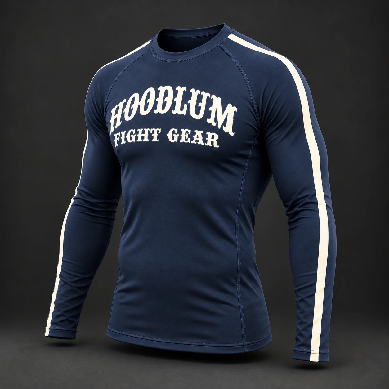 Courage Long Sleeve Rash Guard — Marine / Bone — Three-quarter view (AI demo concept)