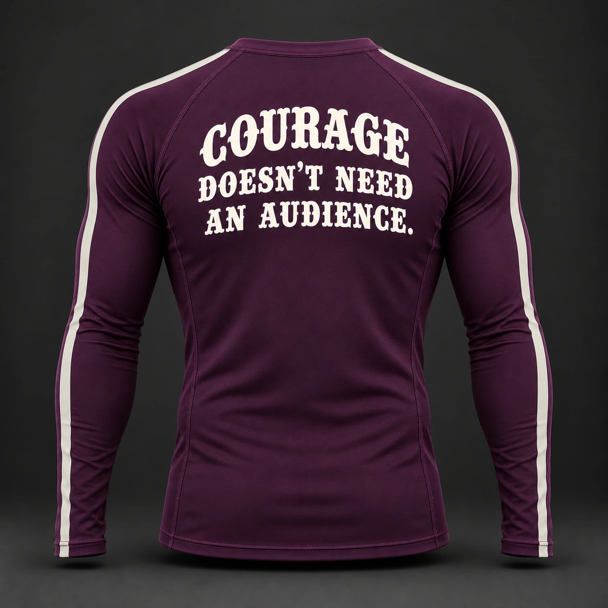 Courage Long Sleeve Rash Guard — Plum / Pewter — Back view (AI demo concept)