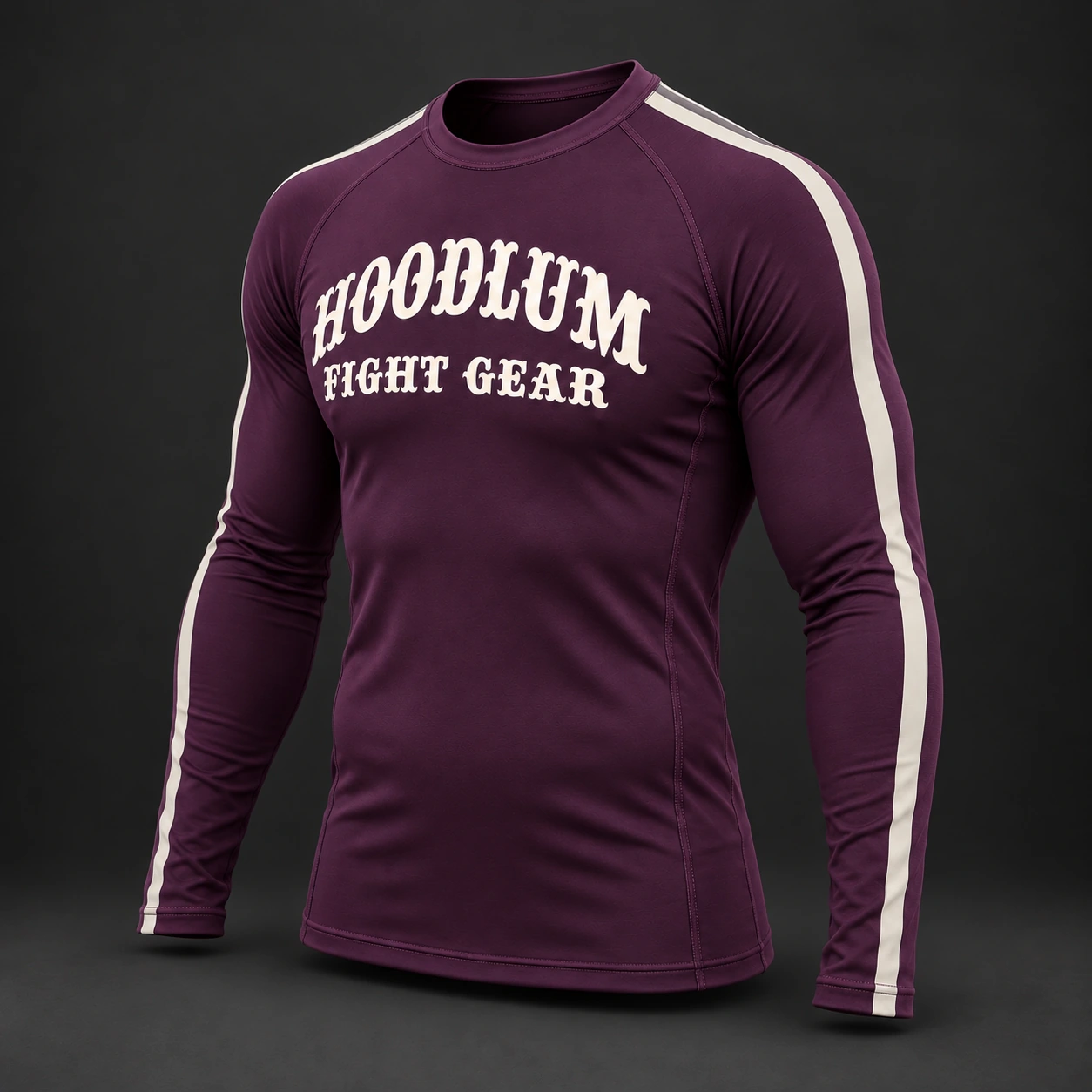 Courage Long Sleeve Rash Guard — Plum / Pewter — Three-quarter view (AI demo concept)