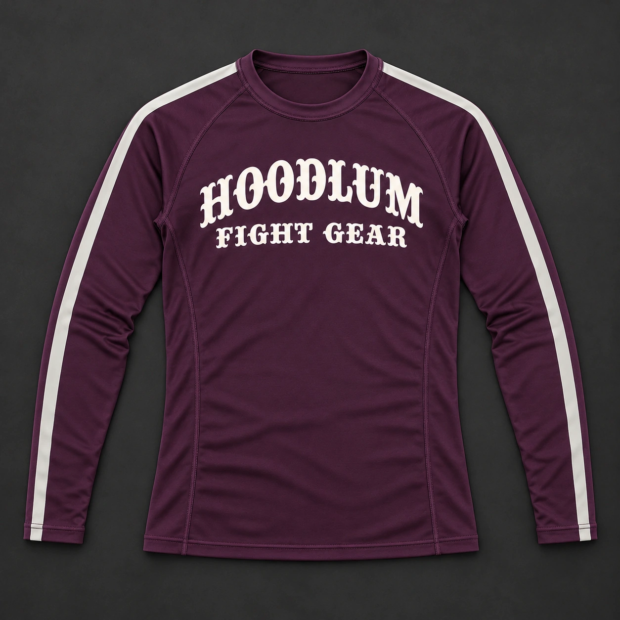 Courage Long Sleeve Rash Guard — Plum / Pewter — Flat-lay view (AI demo concept)