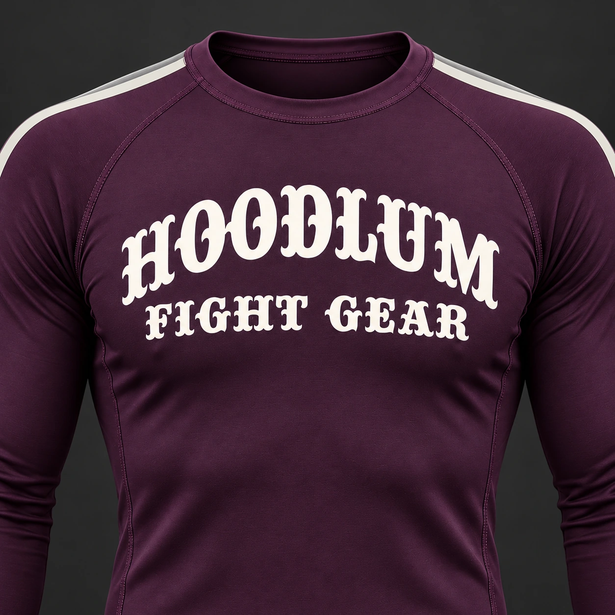 Courage Long Sleeve Rash Guard — Plum / Pewter — Branding detail (AI demo concept)