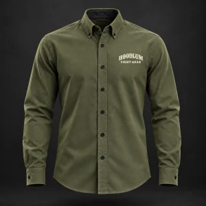 Courage Oxford Shirt — Olive / Carbon — Front view (AI demo concept)