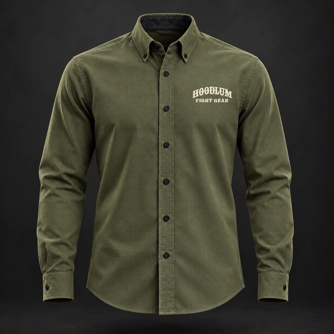 Courage Oxford Shirt — Olive / Carbon — Front view (AI demo concept)