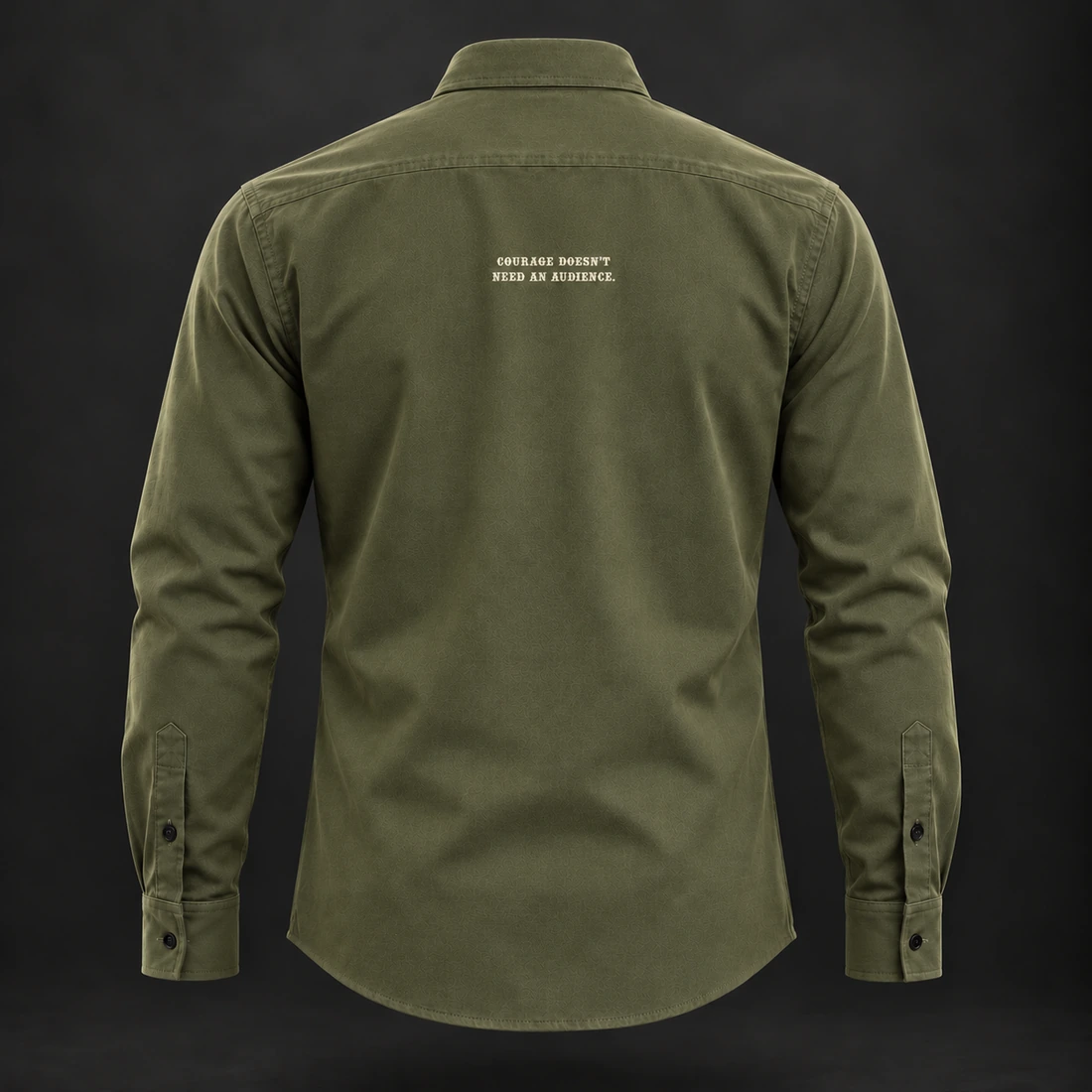 Courage Oxford Shirt — Olive / Carbon — Back view (AI demo concept)