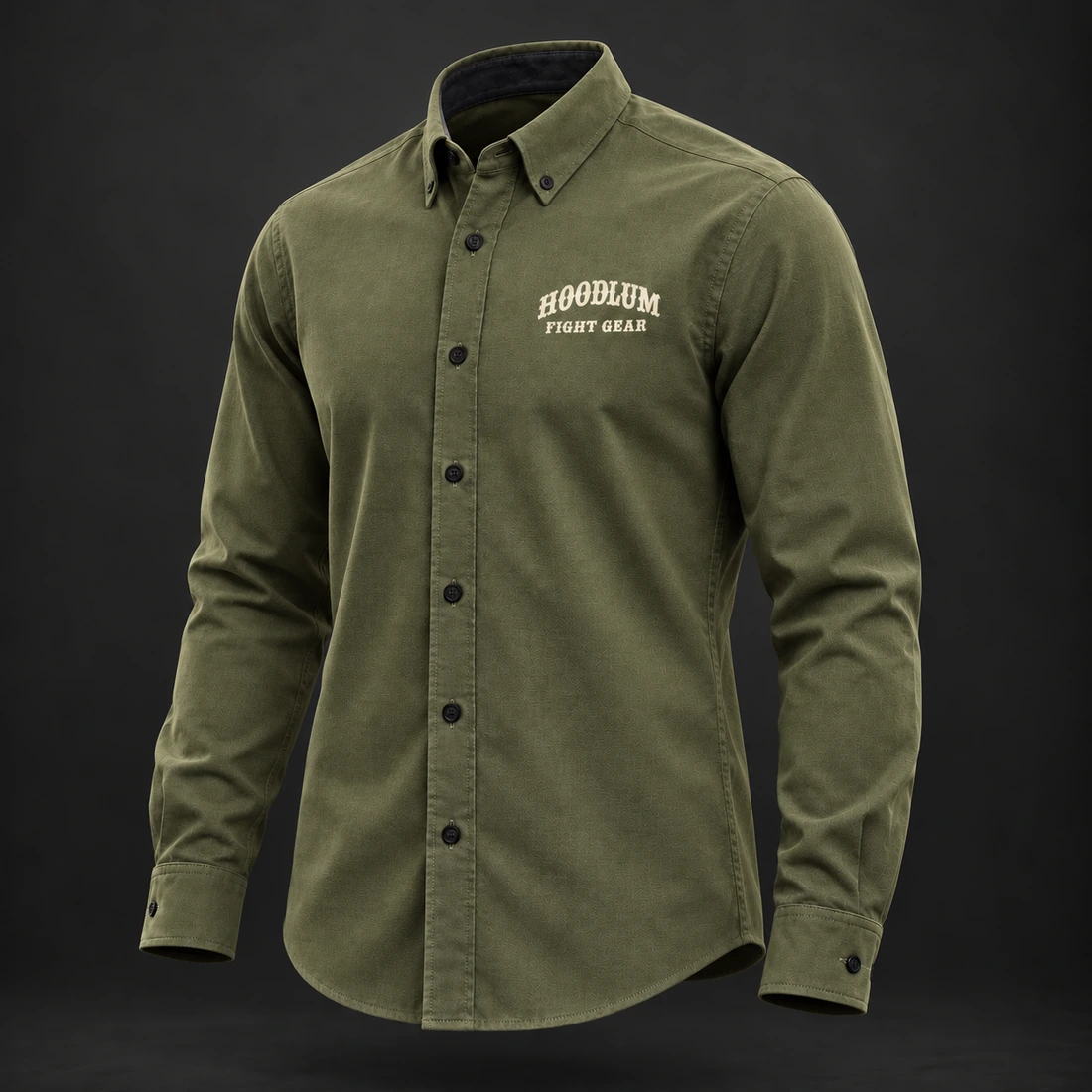 Courage Oxford Shirt — Olive / Carbon — Three-quarter view (AI demo concept)