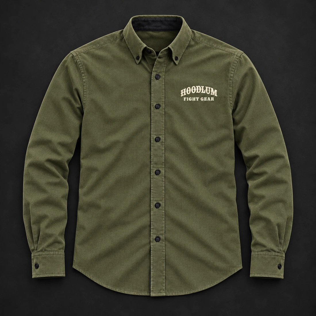 Courage Oxford Shirt — Olive / Carbon — Flat-lay view (AI demo concept)