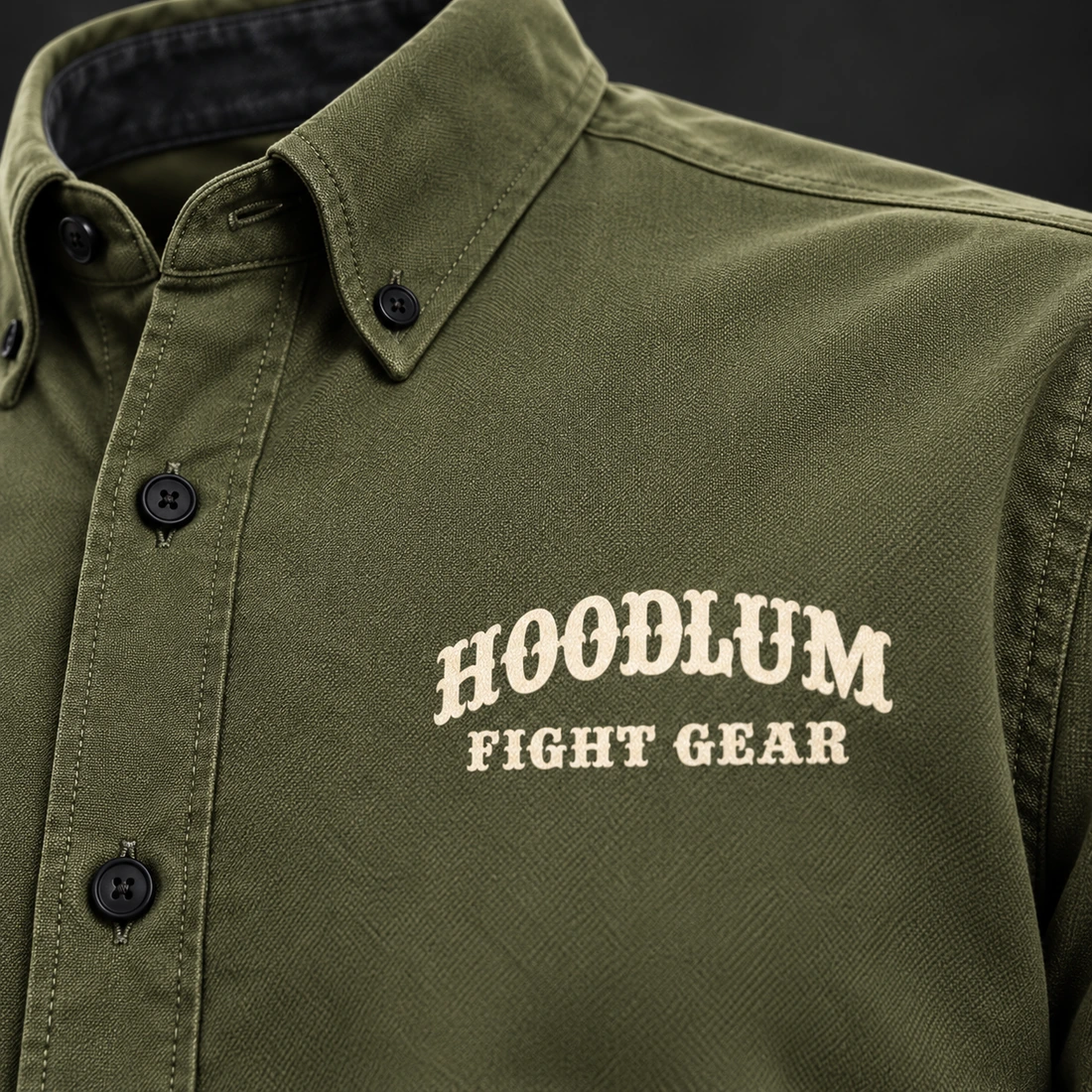 Courage Oxford Shirt — Olive / Carbon — Branding detail (AI demo concept)