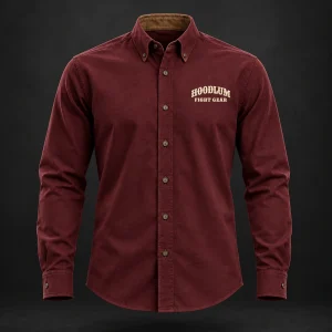 Courage Oxford Shirt — Oxblood / Brass — Front view (AI demo concept)